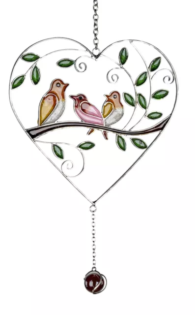Colgador de ventana corazón Tiffany pájaro decoración de ventana estilo casa de campo rosa 30 cm