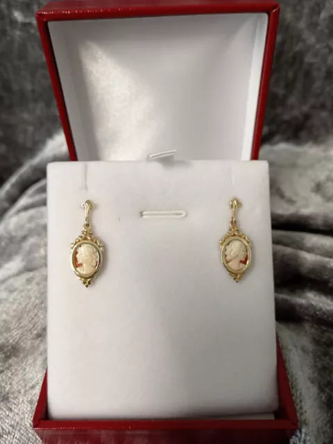 9ct - 375 Vintage Real Cameo Drop Dangle Earrings (Fully Hallmarked) 1.8g