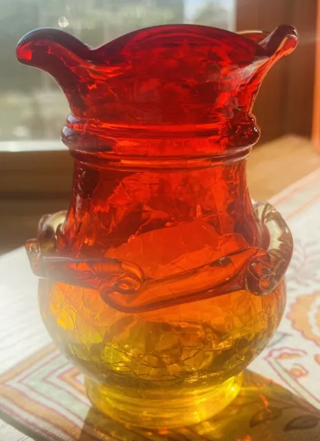 Hand Blown Art Glass Applied Ribbon Vase Crackle Glass Amberina-Orange Yellow
