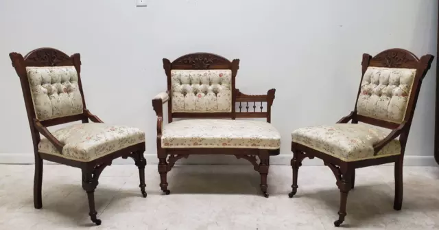 Antique Victorian Eastlake Parlor Set 3 Pc Chaise Lounge Hip Rest Chairs Settee