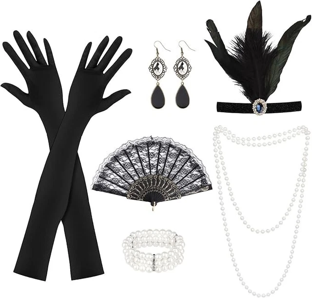 80er Jahre Accessoires Set – Spitzen-Stirnband, Netzhandschuhe, Ohrringe – Für Retro-Party, Karneval, Halloween
