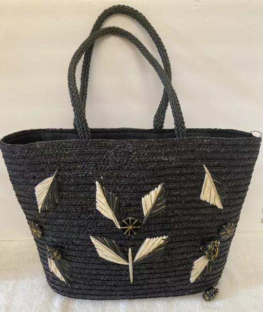Black Raffia Woven Straw Beach hobo Tote Beach Bag Embellished