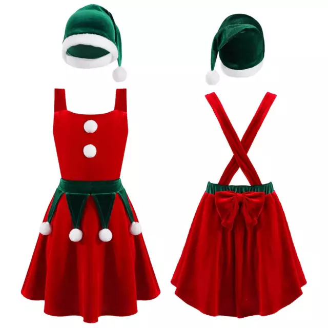 Costume elfo di Natale in velluto bambine set cappello abito abiti festa di Babbo Natale
