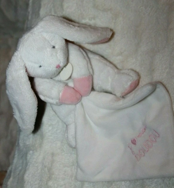 DOUDOU et COMpAGNIE LAPIN BLANC ROSE MOUCHOIR  J'aime mon doudou