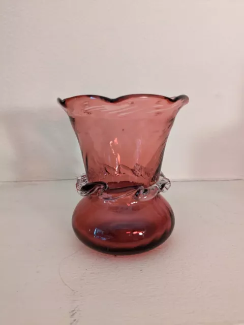 Vintage Pilgrim Cranberry Blown Glass Bud Vase Clear Hand blown Band .