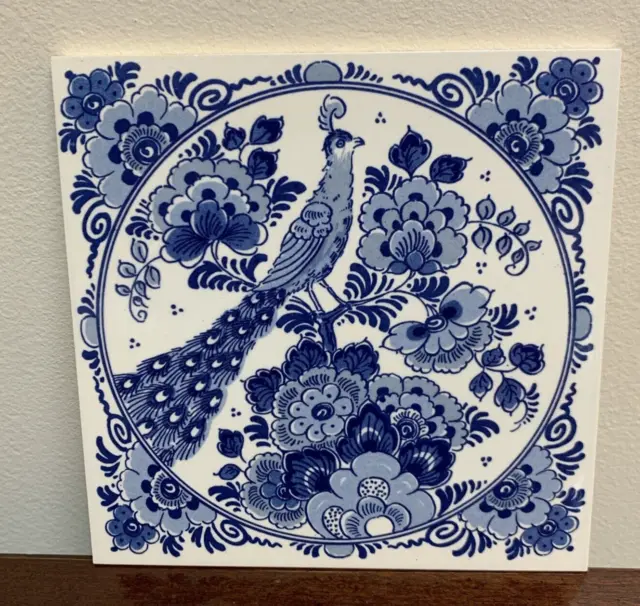 Delft Blauw Tile Hand Painted Holland Blue Peacock - Excellent