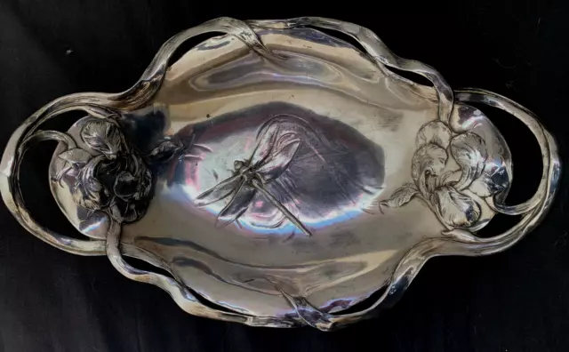 JUVENTA grand plat Art Nouveau métal argenté libellule jugendstil dish tray
