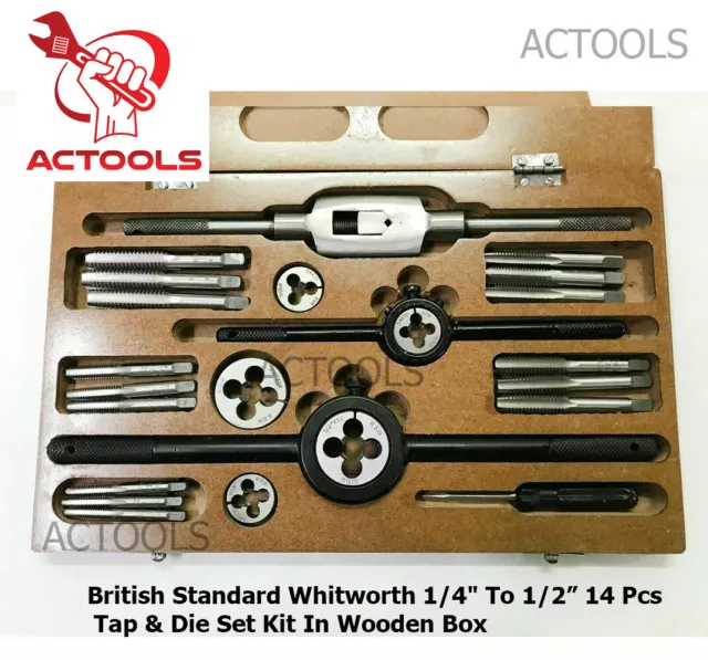 British Standard Whitworth 1/4" To 1/2” 14 Pcs Tap  And Die Set Kit USA