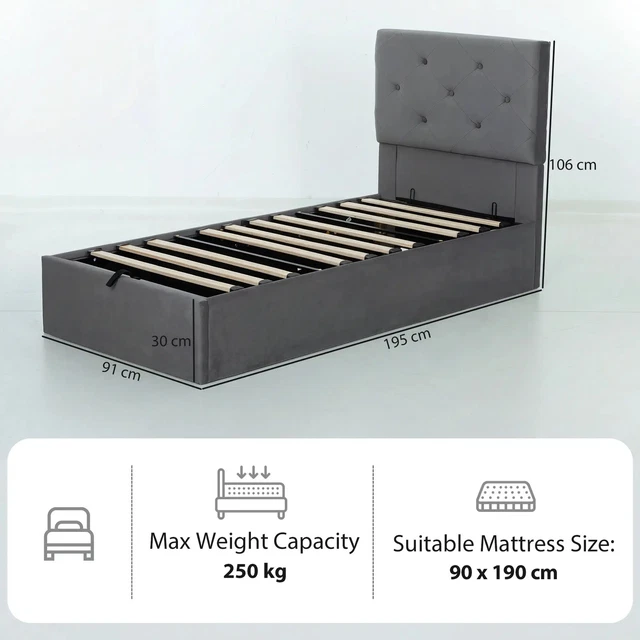 SINGLE BED FRAME Gas End Lift Under Bed Storage Upholstered Platform ...