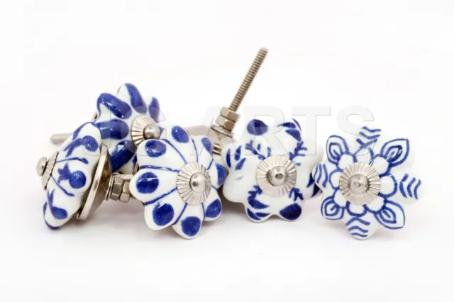 Set of 6 Blue & White Ceramic Kitchen Cabinet Knob Drawer Handle chrome hardware