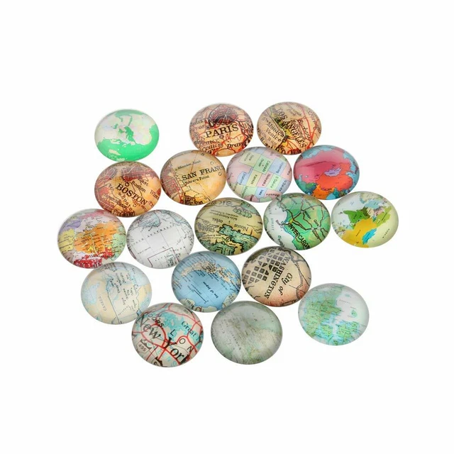 10x Mixed Map Printed Dome Glass Cabochons Flat Round Mixed Color 25x7mm