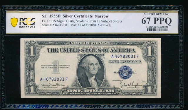 AC 1935D $1 Narrow Silver Certificate PCGS 67 PPQ A-F block  Fr 1613N