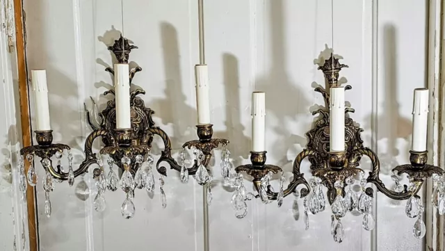 2 Louis XV Style Halcolite Bronze 3 Arm Electric Wall Light Sconces & Crystals
