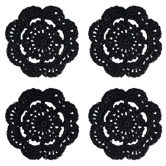 Lace Round Crochet Placemats Doilies Handmade Black Coasters 4-Inch, Pack of 4