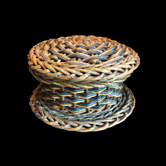 Vintage Wicker Sewing Basket Lidded Storage Gray With Glaze HEAVY