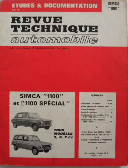 revue technique automobile RTA SIMCA 1100 et 1100 spécial