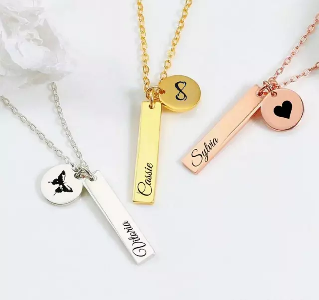 Personalised Name Bar Necklace Custom Engraved Jewellery Gift Stainless Steel UK