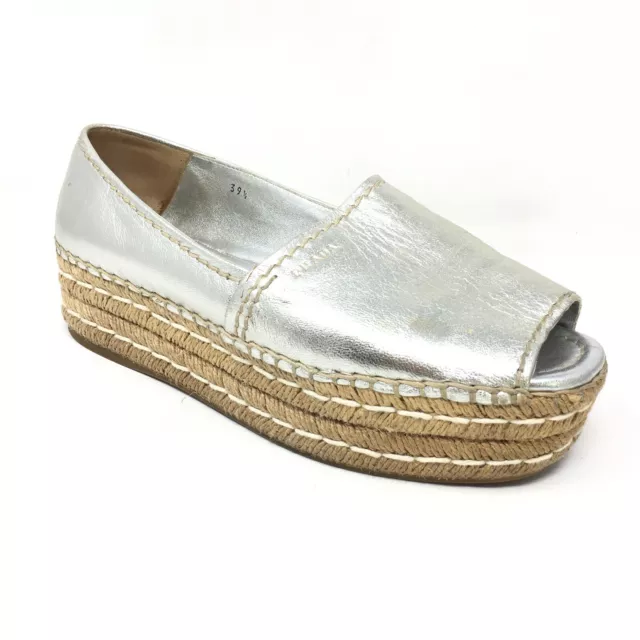 Prada Logo Platform Espadrille Loafers Shoes Womens Size 39.5 EU 9.5 US Silver