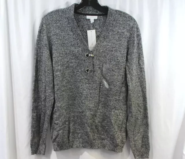 NWT Charter Club Womens Cotton Blend Black White Henley Sweater L