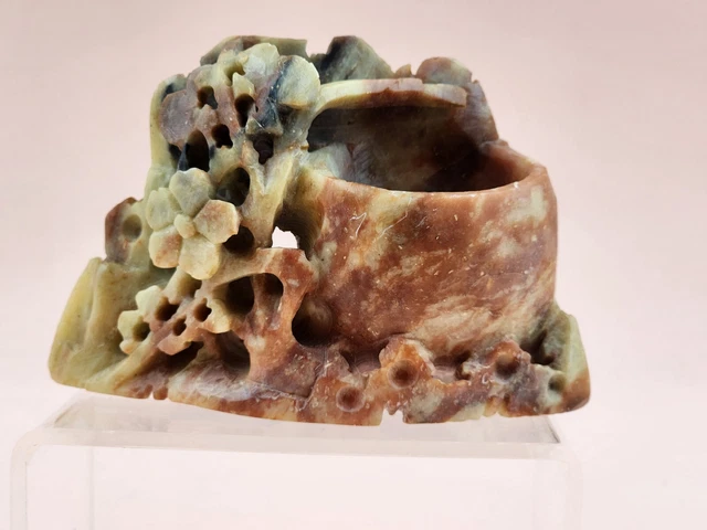 Floral Chinese Hand Carved Soap Stone Inkwell Brush Pot 4" x 2.5" h x 2" Vintage