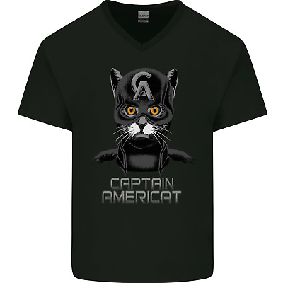 Captain Americat Funny Superhero Cat Mens V-Neck Cotton T-Shirt