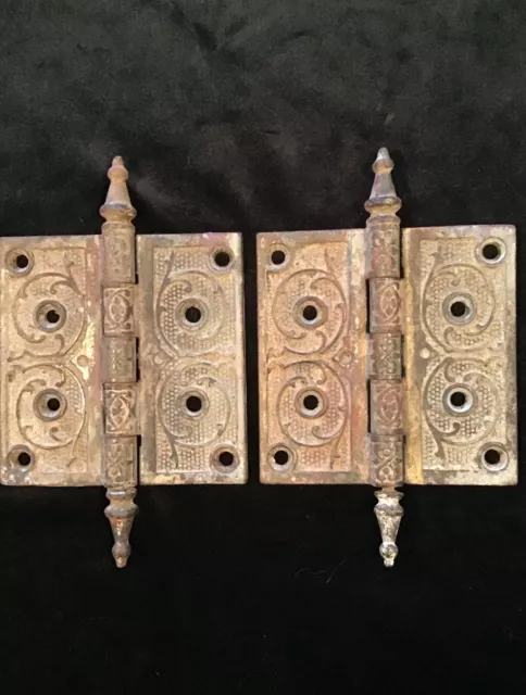 Antique Cast Iron Matching Door Hinges (2), 4 1/2" X 4 1/2", Ornate Victorian.