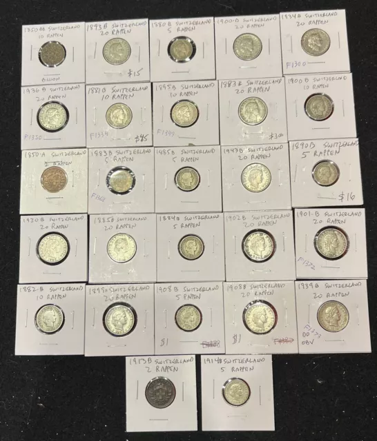 Vintage Switzerland Coin Collection- 1850-1943- 27 Collectible Coins - F1866