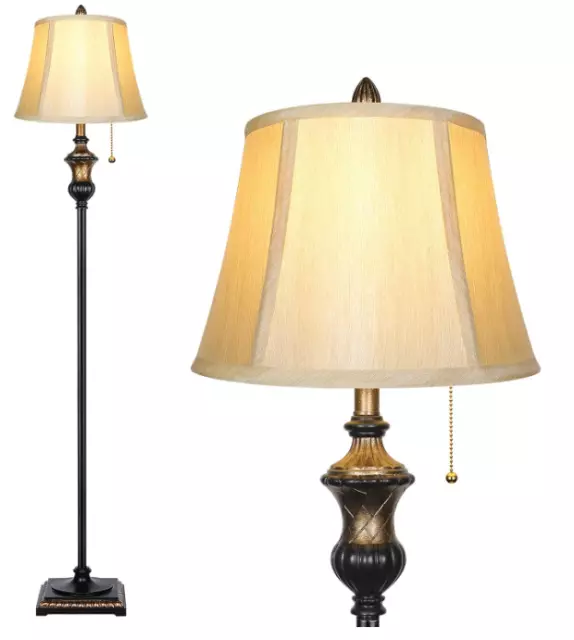 Traditional Floor Lamp, Classic Standing Lamp with Bronze Fabric Shade, Vintage