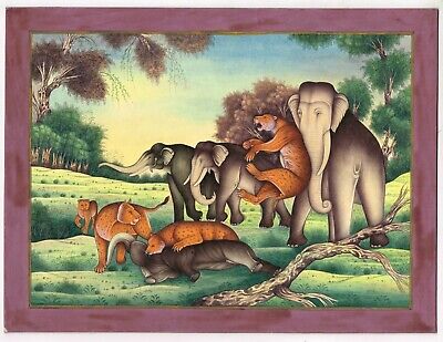 Fait à la Main Faune Nature Art Peinture De Léopard Et Éléphant Se Battre Scène