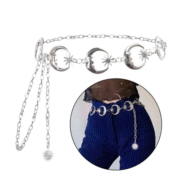 Gothic Women Waist Belt with Silver Moon Sun Pendant Chain Punk Belts Female