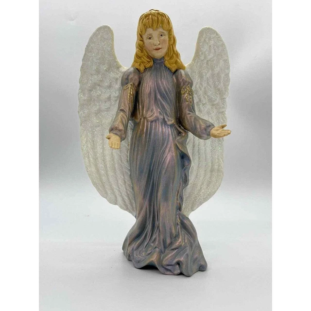 Angel Hand Painted Slip Mold Ceramic Blonde 10” Iridescent Gold & Blue Vtg