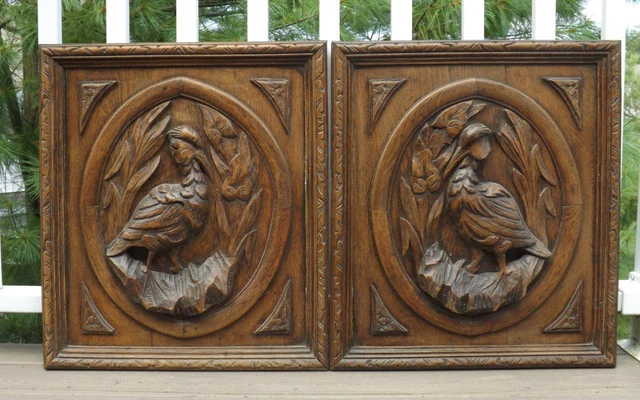 French Antique Wood Carved Oak Door Panel Bird Black Forest Hunting Pheasant.
