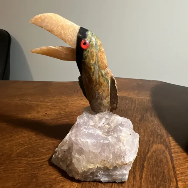 Hand Carved Multigemstone Sculpture, "Bird"Toucan  Base of Natural Crys Quartz