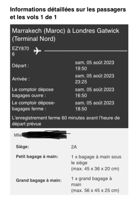 1x flight ticket Marrakech to London gatwick 5th august 23