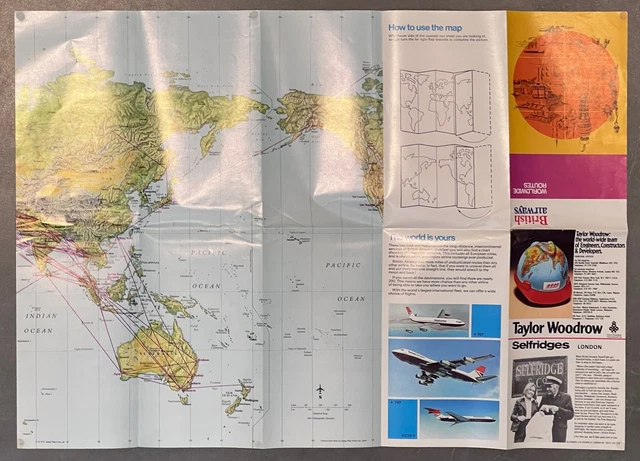 BRITISH AIRWAYS WORLDWIDE Routes Airline Route Map Vintage 1975 Ba £19. ...