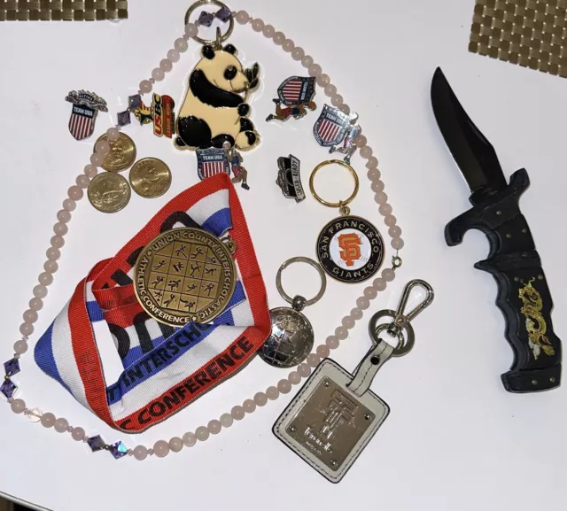 junk drawer lot vintage Dragon Knife Keychain Coins Pins Medal