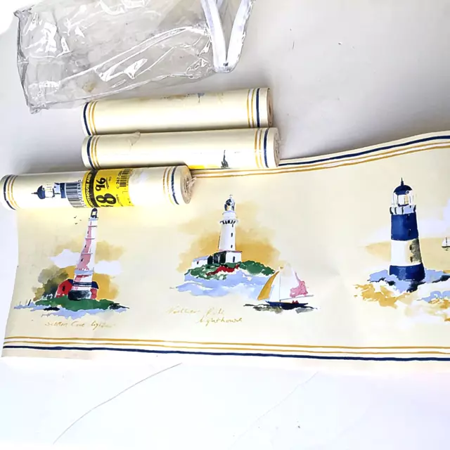 4 Vintage Wallcovering lighthouse and boats Wallpaper Border Nautical Lighthouse