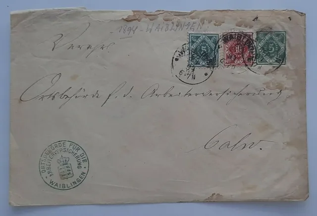 Württ. Dienst Ganzsache  ZuF, Brief Waiblingen als Wertbrief nach Calw 1894