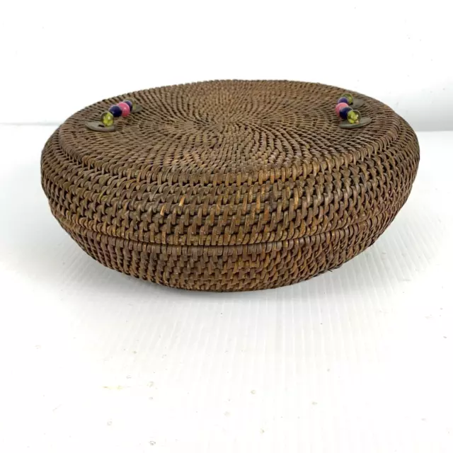 Vintage Chinese Wicker Sewing Basket Lid Peking Glass Beads Coins Excellent