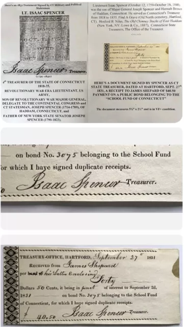 SIGNED REVOLUTIONARY WAR US ARMY LIEUTENANT 4th CONN TREASURER ISAAC SPENCER DOC