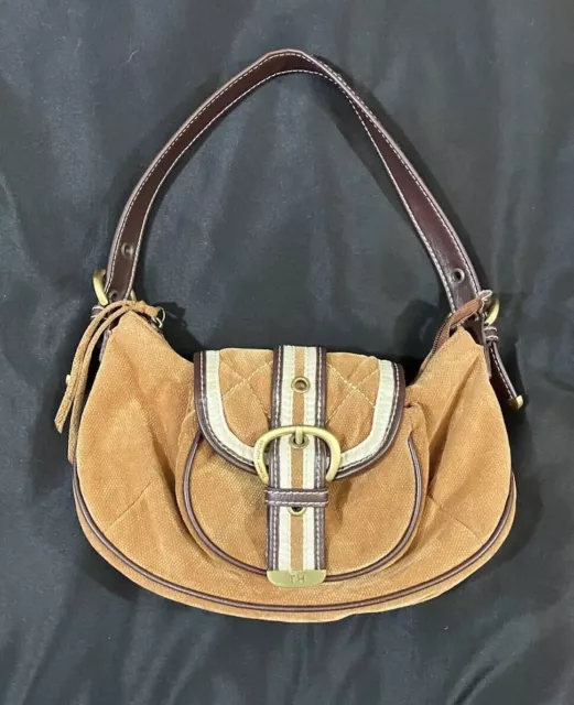 Vintage Y2k 2000s Tommy Hilfiger Handbag Brown White Tan Gold Buckle Purse 00s