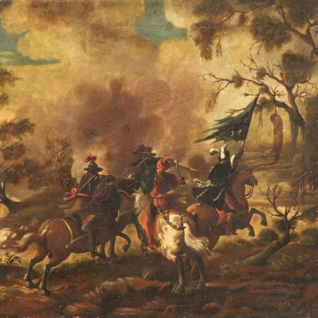 Pintura antigua oleo sobre lienzo cuadro de batalla 700 caballeros caballo