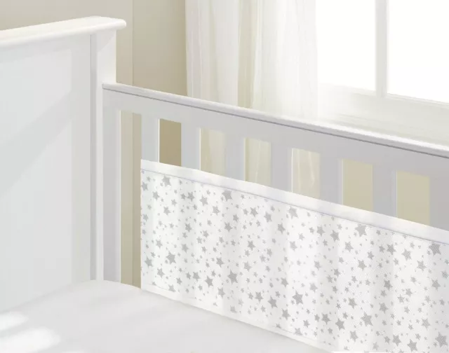 Breathable Baby Mesh Baby x2 Sided Cot Liner Bumper Grey Stars