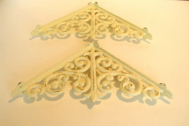 Ornate Wrought Iron Shelf Brackets Pair Antiqued White
