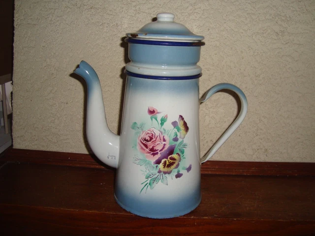 Théière Japy En Tôle émaillée - Décor Floral - Hauteur 15,8 Cm