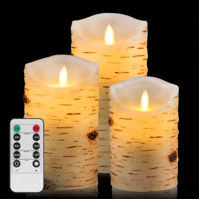 3 Pcs Flameless Birch LED Candles Moving Luminara Real Wax Battery Remote Timer