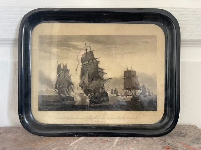 ANCIEN PLATEAU FIBRE De Verre Decor Voilier Et Fanfare Militaire Deco