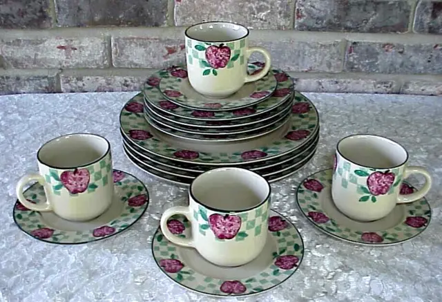 Vintage Tienshan Apple Dinnerware Set Stoneware Checked Border (16) Pieces NICE 3