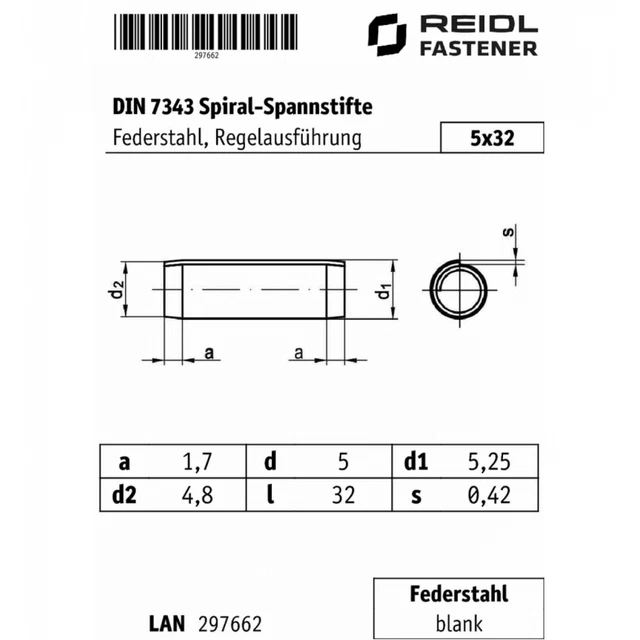 DIN 7343 SPIRAL-SPANNSTIFT 5x32 Federstahl blank Regelausführung EUR 9 ...