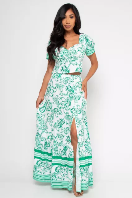 Green Paisley Print Crop Top and Maxi Skirt Set Size Small Slit Leg